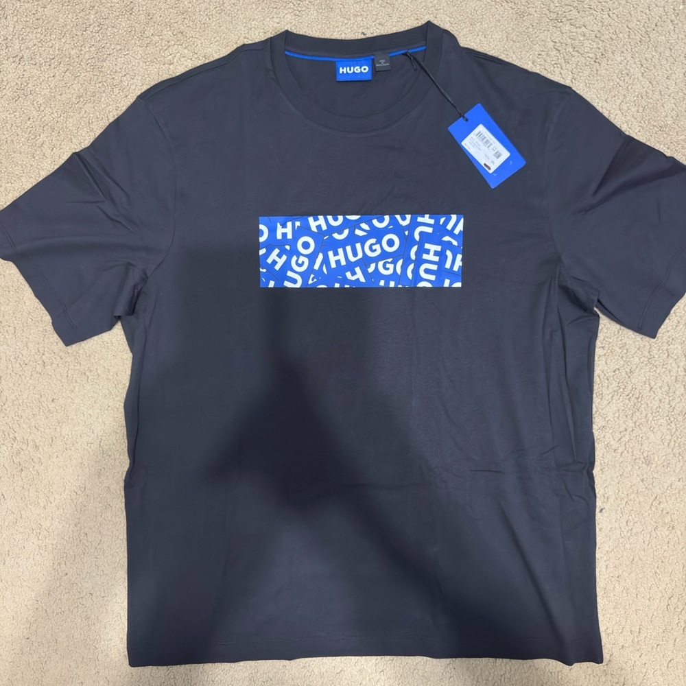 HUGO Black Tee with Vibrant Blue Graphic